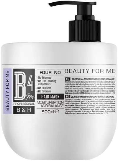 B4Me Moisturisation and Balance Mască fără silicon pentru păr uscat, 500 ml