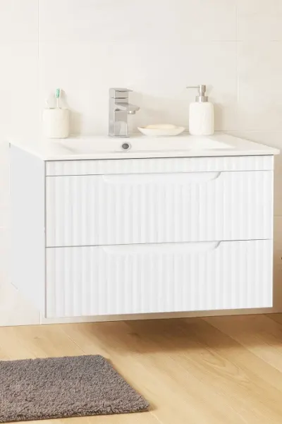 Set Baza front MDF si Lavoar seria 033, suspendata, cu sertare, montat, 80 cm, alb rustic