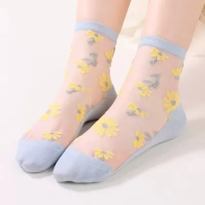 Sosete de dama, SS206, model flori, Albastru, marime universala (35-39)