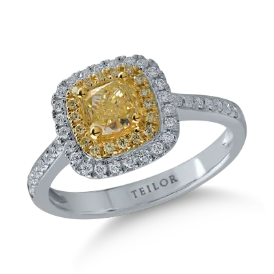 Inel din aur alb-galben cu diamante galbene cushion si rotunde de 1.11ct si diamante transparente de 0.24ct