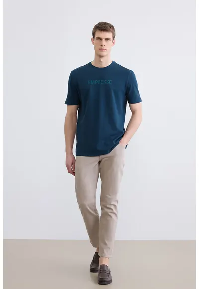 Tricou de bumbac cu decolteu la baza gatului - Albastru petrol