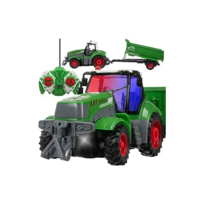 Tractor de jucarie cu telecomanda, remorca cu functie basculare, faruri LED, roti cauciuc, 39x10x9 cm
