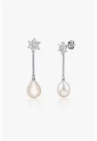 Cercei drop din argint decorati cu perle si zirconia - Alb/Argintiu