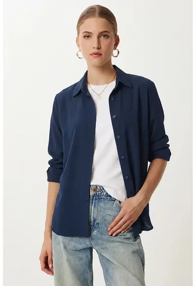 Camasa dama - Happiness Istanbul - poplin - maneca lunga - albastru marin - 100% viscoza