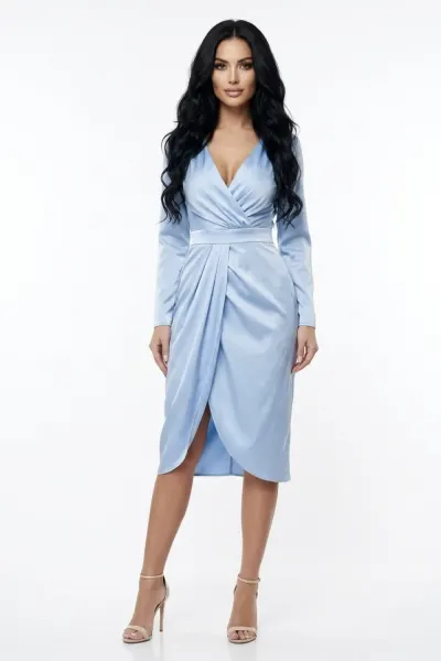 Rochie eleganta din tafta bleu cu croi conic si pliuri la talie