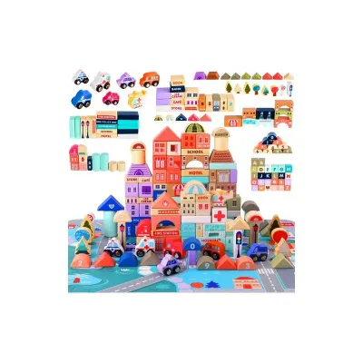Blocuri de constructii din lemn, set oras 115 piese, cladiri, 7 vehicule, plansa 54x42 cm, multicolor