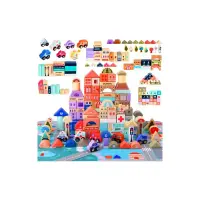 Blocuri de constructii din lemn, set oras 115 piese, cladiri, 7 vehicule, plansa 54x42 cm, multicolor