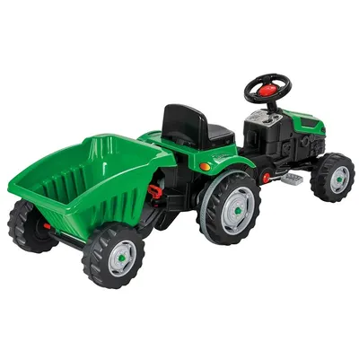 Tractor cu remorca pentru copii Pilsan Active Green, transmisie pe lant, volan cu claxon, scaun reglabil, spatar, de la 3 ani pana la 50 kg, dimensiune 143x48x51 cm