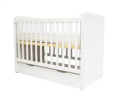 Patut din lemn pentru copii Nichiduta Stefani Vip White 120x60cm cu sertar spatios de depozitare pe sine, Laterala cu sistem de culisare, Laterala detasabila,Margini rotunjite,Vopsea pe baza de apa