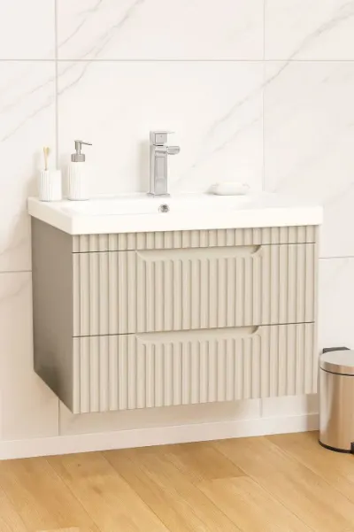 Set Baza front MDF si Lavoar seria 733, suspendata, cu sertare, montat, 70 cm, crem