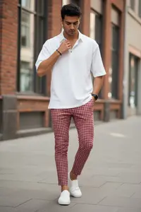 Pantaloni barbati casual regular fit rosii in carouri B1855 V14-4