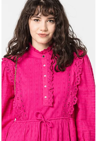 Rochie de bumbac organic cu broderie Sangallo - Fucsia