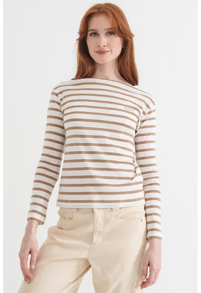 Bluza in dungi Betty - Maro camel/Alb murdar