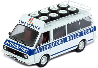 Model de colecție IXO Curse: Mașini - RAF 2203, Latvia Rally service, Assistance with roof rack And wheels