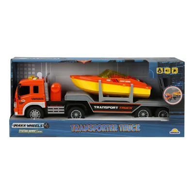 Camion de tractat cu lumini si sunete, Barca, Maxx Wheels, 1:16, Portocaliu