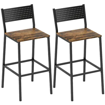 HOMCOM Set 2 Scaune Bar Stil Industrial cu Spătar și Suport pentru Picioare Maro | Aosom Romania
