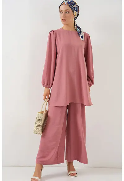 Set tunica si pantaloni dama HiCCUP - poliester/elastan - roz