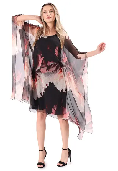 Rochie fluture din voal de matase naturala imprimata cu motive florale RXG-YB9 - Negru