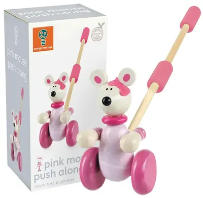 Jucărie de împins din lemn Orange Tree Toys - Mouse roz, în cutie