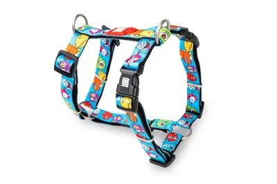 Ham ajustabil Max & Molly, multicolor, imprimeu Little Monsters, 2 straturi, cu inele D pentru control mai bun, marime M