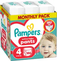 Scutece - chiloțel Pampers Active Baby - Mărimea 4, 9-15 kg, 186 buc