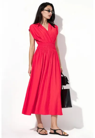 Rochie Midi Portocalie - Fara Maneci - Decolteu in V - 100% Poliester