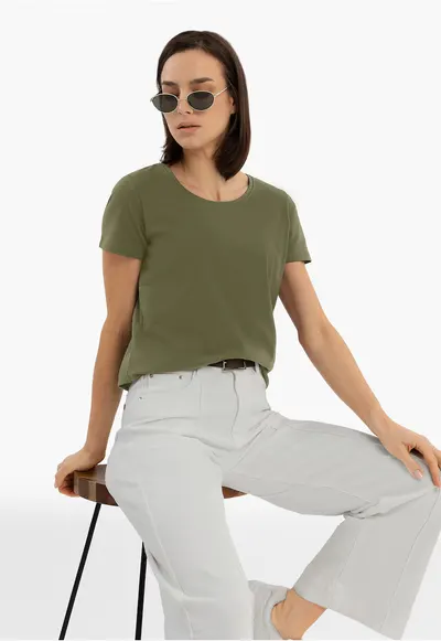 Tricou dama din bumbac - uni - Regular Fit - decolteu la baza gatului - T-Diana - kaki - Kaki