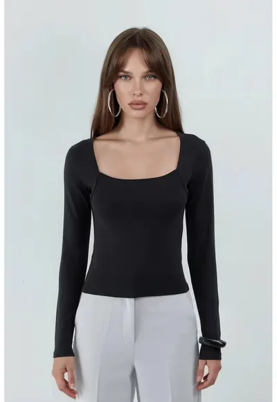 Bluza dama - Slim fit - Negru - Bumbac/Elastan