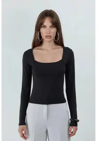 Bluza dama - Slim fit - Negru - Bumbac/Elastan