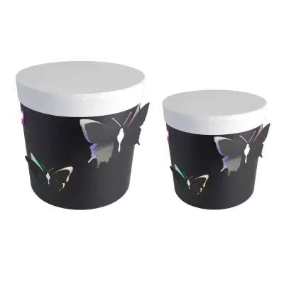 Set 2 cutii rotunde cu fluturi și lumini - negru