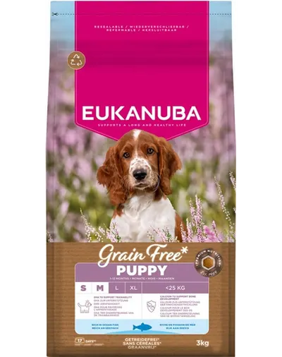 EUKANUBA Grain Free Puppy Small & Medium Ocean FishHhrană fără cereale pentru pui de câini de talie mică și medie cu pește oceanic 3 kg