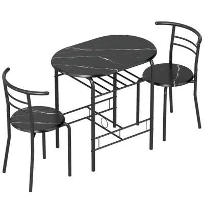 HOMCOM Set de luat masa 3 piese, masă de bucătărie și scaune pentru 2 persoane cu raft, living, aspect marmorat negru | Aosom Romania