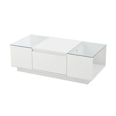Masă de cafea cu spațiu de depozitare, iluminare ambientală LED, blat din sticlă și 2 sertare, 105x50x35 cm, Alb