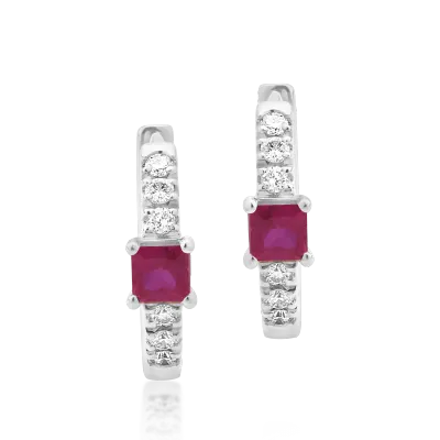 Cercei din aur alb cu rubine princess de 0.14ct si diamante de 0.06ct