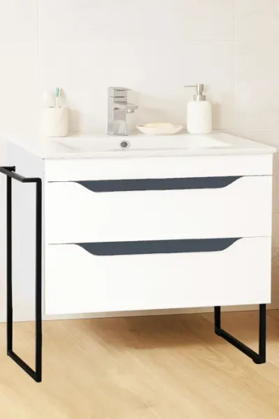 Set Baza front MDF si Lavoar seria 056, cu sertare, cadru metalic, montat, 80 cm, alb + antracit