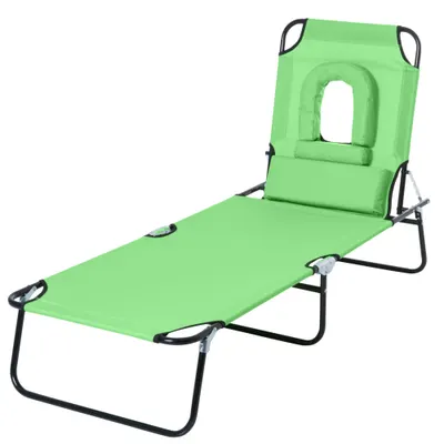 Sezlong Pliabil cu Orificiu pentru Fata si Perne Outsunny, pentru Gradina, Plaja si Camping, Verde | Aosom Romania