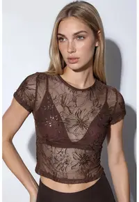 Bluza slim-fit - floral - cu paiete - maro cafea - poliester cu lycra