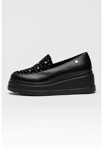 Pantofi loafer wedge cu aplciatii decorative - Auriu/Negru
