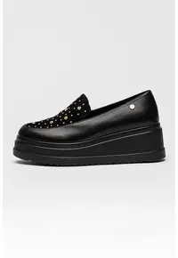 Pantofi loafer wedge cu aplciatii decorative - Auriu/Negru