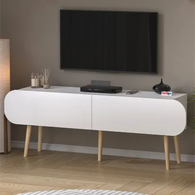 Comoda TV Sicily 120 cm, cu 2 usi rabatabile push-to-open, PAL melaminat 18 mm clasa E1, suport TV pana la 55 inch, blat 50 kg, design stil modern scandinav