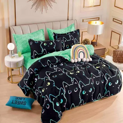 Lenjerie pat 1 PERSOANA, FINET, 4 piese, Jojo Home, Negru, pisicute