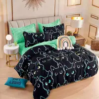 Lenjerie pat 1 PERSOANA, FINET, 4 piese, Jojo Home, Negru, pisicute