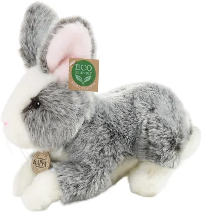 Jucărie de pluș Rappa Eco Friends - Iepuraș gri cu urechi roz, în picioare, 23 cm