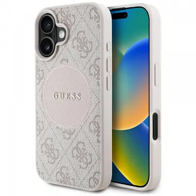 Husa MagSafe pentru Apple iPhone 16, Guess, 4G Circle Classic Logo, Roz