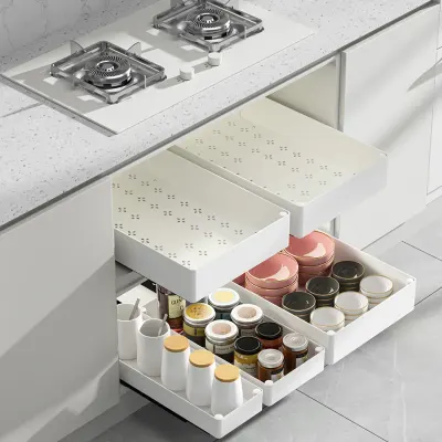 Set 3 sertare cu glisiere autoadezive soft-close, extragere totala, sina cu extensie, 3 dimensiuni, alb