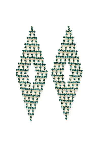 Cercei in forma de romb placati cu aur de 18K si decorati cu cristale - Verde/Auriu