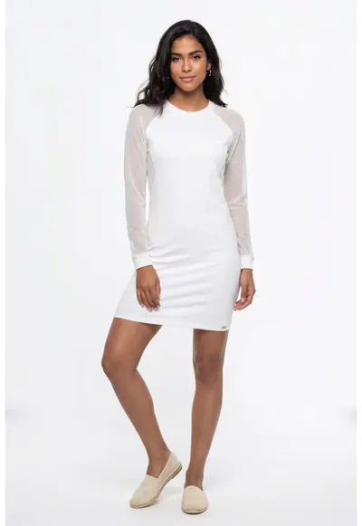 Rochie casual midi din bumbac - cu decolteu rotund - maneca lunga si croiala dreapta - M1354 - Ecru