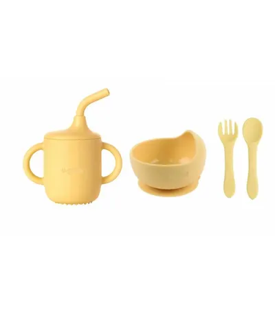 Set Engros de 4 piese diversificare din silicon: Cana cu pai, bol , lingurita si furculita, galben, U-Grow