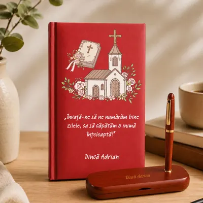 Cadou pentru profesorul de religie - Agenda + set de scris personalizate