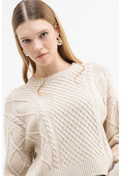 Pulover din amestec de lana cu model torsade - Maro nisip